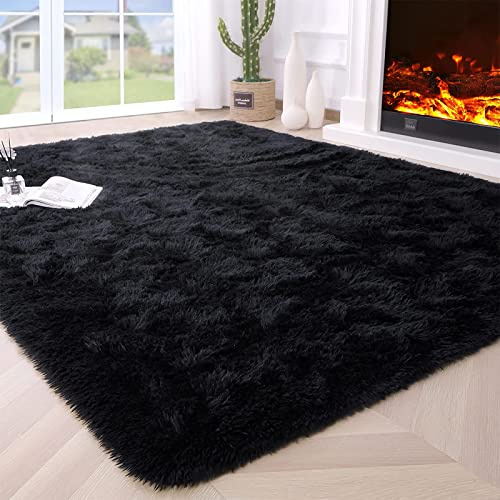 VanderHOME Tapis Doux Salon Chambre Grand Soft à Poils Longs Moelleux Sans Perte Ni Décoloration - Décoratif 200*300cm - Noir
