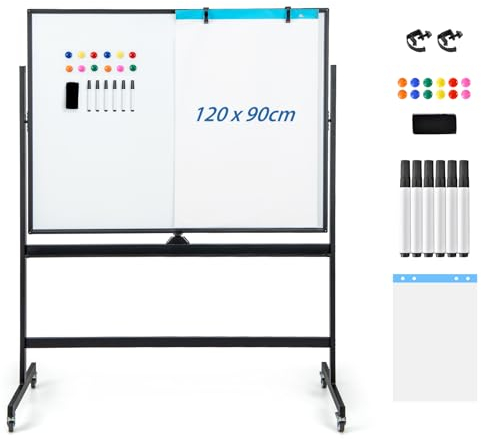 GOPLUS Whiteboard magnetisch mit Ständer, doppelseitiges White board mit Zubehör Set, Trocken abwischbar, mobiles Whiteboard höhenverstellbar, für Schule, Büro, Zuhause (120 x 90cm, Schwarz)