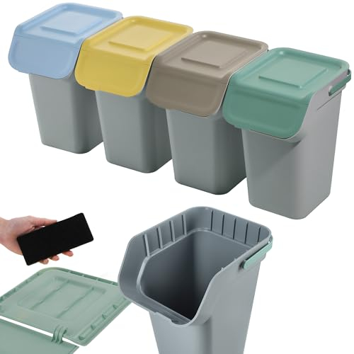 KADAX Waste Separation System Set, Waste Bin with Airtight Hinged Lid, Waste Separation Container 25 Litres, Waste Collector, Waste Bin for Kitchen, Waste Bin (Dark Grey, 4 x 25 L)