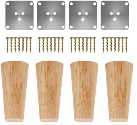 4 Stück Holz Tischbeine, Massivholz Konisch Ersatz Möbelfüße Sofafüße Sockelfüße Tischfuß Aus Eiche, Möbelbeine mit Montageplatten & Schrauben für Stühle und Sofa Bett Schrank Couch Stuhl(15 cm)