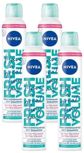 NIVEA Trockenshampoo Fresh Volume (200 ml), extra mildes Trockenshampoo Spray mit angenehmem Duft, Trockenhaarshampoo für extra Volumen & sofortige Frische (Packung mit 4)