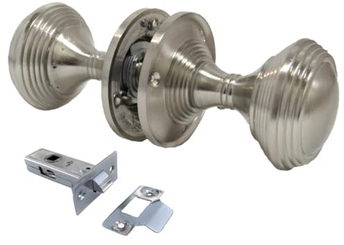 Epsom Door Handle Queen Anne Reeded Mortice Door Knobs – Pair Round Satin Chrome Interior Knobs with 64mm Rose and 58mm Knob Includes 63mm Tubular Latches