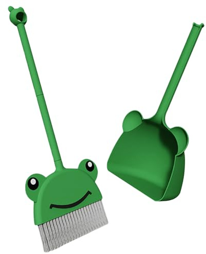 Kids Broom and Dustpan Set 2Pcs/Set PP Cute Cartoon Frog Pattern Toddler Broom Odor-free Hanging Smooth Handle Washable PET Brush Kids Broom for Kids Kindergarten