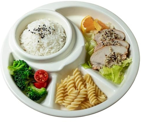 Plato dividido con compartimentos y 4 secciones, plato de cerámica para cena de 8 pulgadas para uso diario en la cocina, plato de dieta bariátrica para una alimentación saludable, 1 pieza(Blanco)