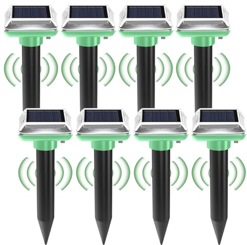 BAIFULAI 8 pièces Répulsif solaire pour taupes, appareil anti-taupe, répulsif à ultrasons pour rongeurs, étanche IP66, répulsif pour taupes, gaufres, serpents, rongeurs et autres nuisibles (Vert)