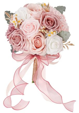perfk Hochzeitsstrauß, Brautstrauß, künstliche Rosen, Braut mit Blumen, künstliche Blumen für Abschlussfeier, Jahrestag, Rosa Weiß