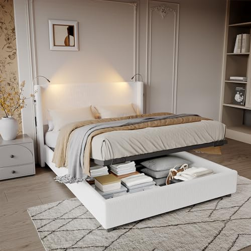 Lit 140x200cm,lit Coffre 140x200,LIT Hydraulique,lit Double avec Sommier à Lattes,Style Moderne,avec Lampe de Lecture, Blanc