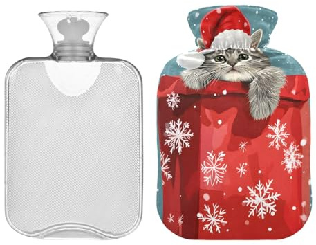Wärmflasche mit Bezug, Motiv: süße graue Katze im Beutel, transparenter Wärmbeutel für heiße und kalte Kompresse, Hot Bags 1L