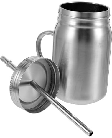 GRIRIW Gobelet en Acier Inoxydable 500 Ml Double Paroi avec Poignée et Paille, Mug Isotherme Antirouille pour Boissons Froides, Bouteille Réutilisable Portable Usage Scolaire et Bureau