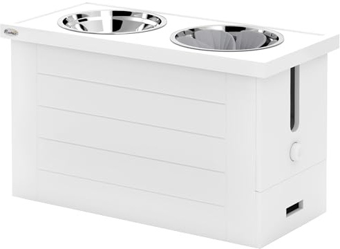 PawHut 2-in-1 Erhöhter Hundenapf Höhenverstellbar Futternapf mit Ständer Stauraum 2 x 2L Edelstahlnäpfen Langsamfuttermatte Fressnapf Futterstation Hundenäpfe für Große Hunde Katzen Weiß