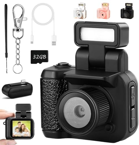 Gen.2 Mini Retro Keychain Camera - Pocket-Sized Fun with Vintage Flair, Portable Small Keychain Camera with 90-Degree Flip Led Flash Light and Multiple Filters for Travel Study Recording (Black)
