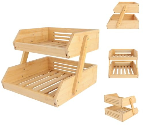 OHMG Support de Corbeille à Fruits en Bambou 2 Niveaux Support pour Le Rangement des légumes, du Pain dans la Cuisine,Naturel,Panier fruit,Rangement legumes cuisine organisateur