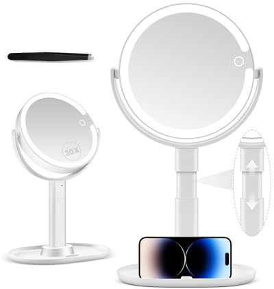 Specchio ingranditore 30X con luce, specchio per il trucco con luce e 3 colori, specchio cosmetico 1X/30X su entrambi i lati con luce e altezza regolabili, pulsante touch