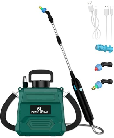 Xoeminor Pulverizador Electrico 5L, Sulfatadora Bateria (Verde) | Dos Modos de Pulverización, Correa Ajustable, Mango Telescópico, Carga USB‑C,para Deshierbe, Fertilización y Riego