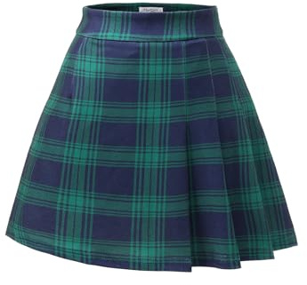 Meetjen Damen Faltenrock Minirock Hohe Taille Skort A-Linie Skater Tennis Rock Elastisch Schuluniform Cheerleader Skort Marineblaues Karomuster XL