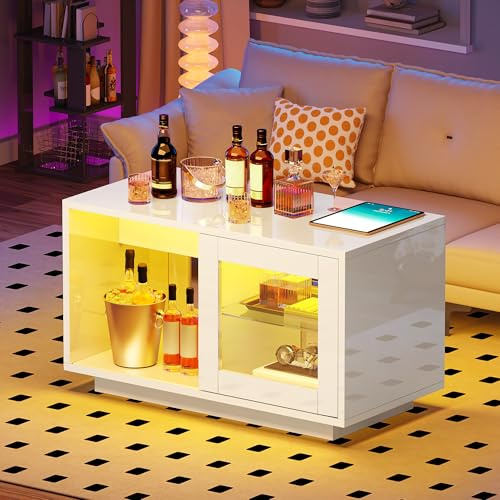YITAHOME Mesa de Centro Blanca, Mesa de Salón Brillante con Iluminación LED, Moderna con Estante Expositor Ajustable Abierto, 80x40x45 cm