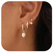 Fwlisesa Pearl Hoop Earrings for Women, Dainty Gold Earring Stacks 14k Gold Plated Pearl Drop Earring Sets for Multiple Piercing Hypoallergenic Huggie Hoop Earrings for Women Trendy Fashion Jewelry