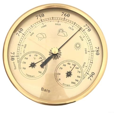 HEIBTENY 130mm 3 in 1 Barometer Thermometer Hygrometer Temperature Humidity Pressure Gauge Metal Weather Station for Indoor Outdoor Home Garden Office Gold Finish