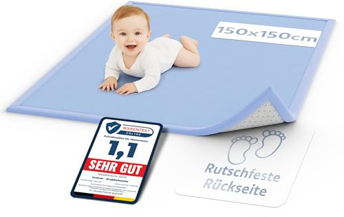 teskon® seidenweiche Krabbelmatte Baby Spielmatte Kinder 150x150x3cm blau | 3 cm dick, Premium Memory-Schaum, rutschfeste Unterseite, Geräuschhemmend, sicher und gemütlich fürs Krabbeln und Spielen