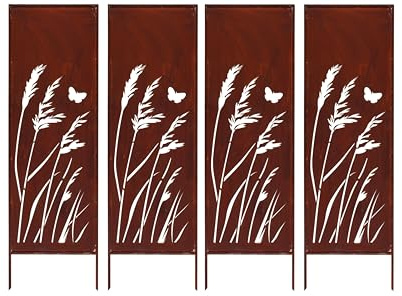 Kapaga - Sichtschutz Metall 4x - 160 cm x 50 cm - Edelrost - Rostoptik Sichtschutz für Garten - Sichtschutzelement - Sichtschutzwand - Gartendekoration Zaun - Rost (Strauch) (Gras mit Schmetterling)