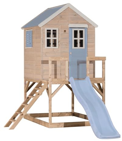 Wendi Toys M22PB Cabane sur pilotis avec Toboggan 175 cm, Bois FSC, Plateforme 90 cm, 310×197×242 cm, avec échelle, terrasse et Plancher, Maison de Jeu extérieure pour Enfants, Bleu