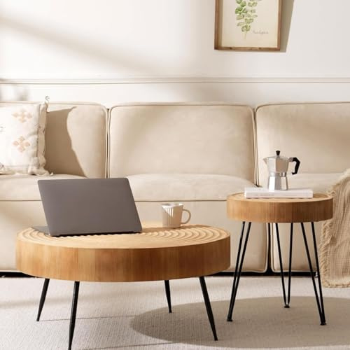 Couchtisch Rund Holz, 2er Coffee Table in eines Jahresrades,77cm und 40cm | Cagnolier Wohnzimmertisch Rund 2er Set in 77x36cm und 40x47cm, Holzfarbe, Massivholzfurnier, handgefertigte Metalltischbeine