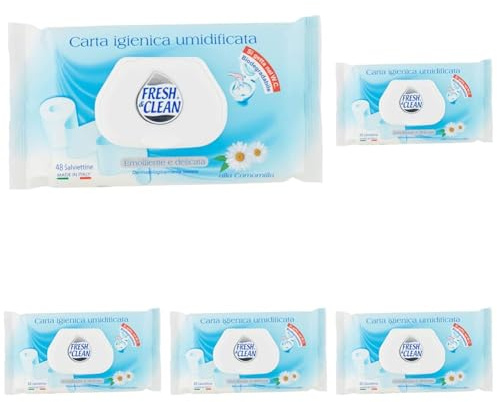 Fresh & Clean - Carta Igienica Umidificata, Azione Emolliente e Lenitiva, Igiene Intima e Sicura a Casa e Fuori, 48 pezzi (Confezione da 5)