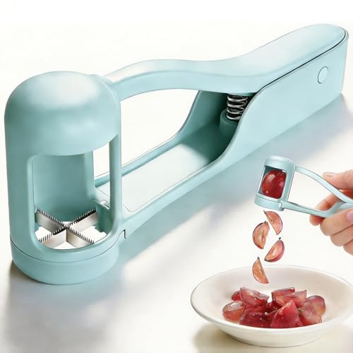 Grape Cutter, Multi Grape Quarter Cutter Tool,Stainless Steel Blades Fruit Slicer with Ergonomic Non-Slip Handls for Toddlers, Tomato, Cherry Strawberry, Olive (Blue, 1 PC)