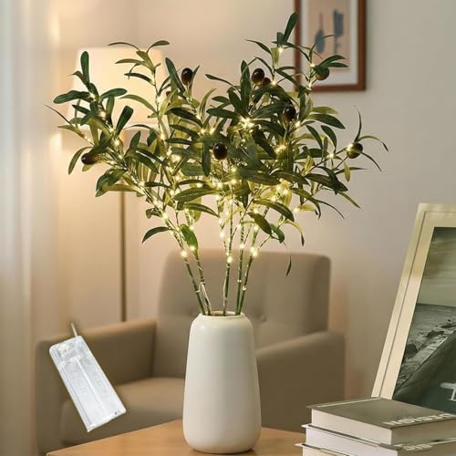 HoldOneLight – Batteriebetriebene künstliche Olivenzweige mit 100 LEDs, 5er-Pack, 50 cm Lange Kunstgrün-Stiele für Vasendekoration, Tischdekorationen und Blumengestecke für zu Hause