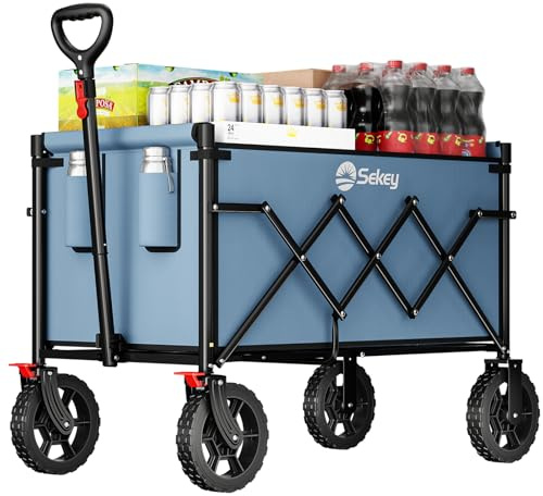 Sekey Bollerwagen Faltbar 120L 100KG 4029 Pro, Leichter Handwagen | Transportwagen klappbar Geländetauglich mit Bremse, Leichter Faltbollerwagen mit Verstellbare Zugstange, Blau