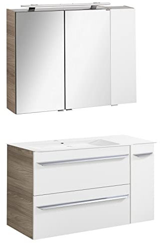 FACKELMANN hellbraunes Badmöbel Set 5-TLG. Luxor hängend Waschbecken 100 cm & LED Spiegelschrank