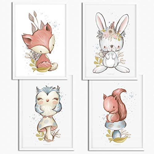Sunnywall® 4er Set Eichhörnchen Hase Fuchs Eule Waldtiere Poster Kinderzimmer - A4 Bilder Babyzimmer Kinderposter | OHNE Bilderrahmen | - Deko Mädchen Junge
