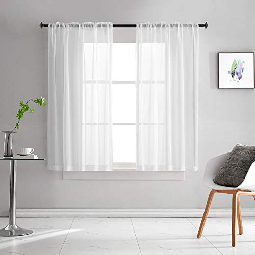 TOAVA DECO Off White Sheer Curtains 45 Inch Length Linen Look Semi Light Filtering Ivory Sheer Curtains Short Rod Pocekt for Bedroom Living Room 52 x 45 Inches Long, Set of 2 Panels