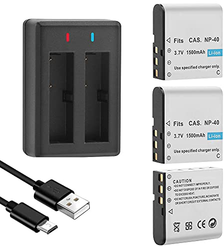 GeeKam CAS. NP-40 Battery Pack, 3 x 1500mAh Rechargeable Batteries with NP 40 Dual Charger for Video Camera Camcorders Compatible for Casio NP-40, Kodak LB-060, GE GB-60 (Not for Fujifilm NP40)