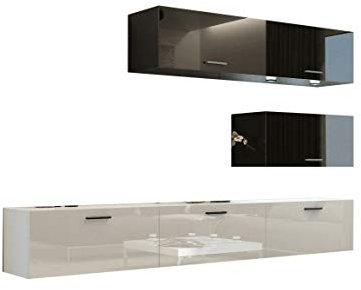 Furnitech Wohnwand Wohnzimmer | Wohnzimmer Möbel mit LED Blau | Hängend Wohnwand Modern | Wohnzimmer Schrankwand mit Regale und TV Schrank (25/HG/BW/3 1A Klein)