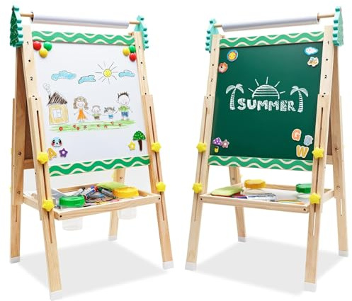 Kids Easel with Paper Roll Double-Sided Whiteboard Chalkboard Adjustable Height 66-100cm Standing Easel Wooden Art Easel with Numbers and Other Accessories Drawing Board for Kids and Toddlers