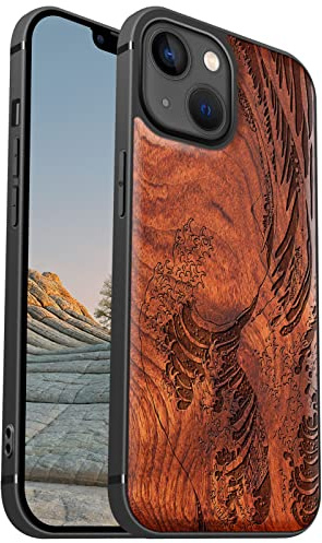 Carveit Magnetisch Hülle für iPhone 13 [Elegante Rosenholz] [Weich TPU Stoßstange] Stoßfeste Handyhülle Kompatibel mit 13 Magsafe Hülle Holz （Die große Welle vor Kanagawa） | Handyhulle kompatibel MagSafe Massivholz für iPhone 13 Handyhülle Stoßstange Weich TPU Case