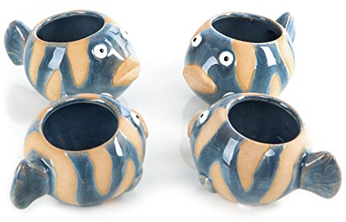 Logbuch-Verlag 4 mini vasi per piante – piccoli pesci in ceramica per piantare – Vaso da tavolo Maritime blu marrone