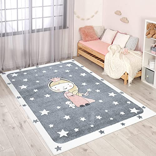 carpet city Alfombra infantil de pelo corto con estrellas, hada mágica, gris, rosa, 140 x 200 cm