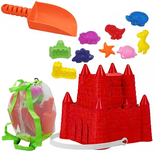 4E's Novelty Beach Toys for Kids with Bag, 12 Pcs Set Sand Castle Beach Bucket with Shovel & Large Molds - Beach Toys for Kids 3-10, Sand Toys for Toddlers with Mesh Beach Bag