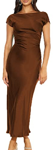 Gmeitoey 2023 Satin Cap Sleeve Cowl Back Summer Dresses for Women Elegant Ruched Waist Wedding Guest Midi Dress Emerald…, Brown, XL
