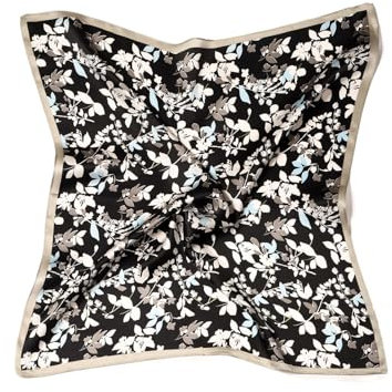 MayTree Seidentuch aus 100% Maulbeer-Seide - Quadratisch Blütenzweige Schwarz weiss blau beige 53x53 - Luxuriöses Damen Halstuch - Eleganter Bandana-Schal für Damen - Luxus und Komfort für Erwachsene