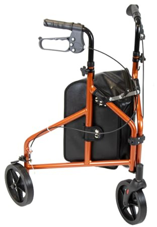 NRS Healthcare Ultra Lightweight 3 Wheel Rollator with Lockable Brakes, Folding & Height Adjustable with Bag, Aluminium Walking Aid 4.5kg (9.9lbs) – Orange