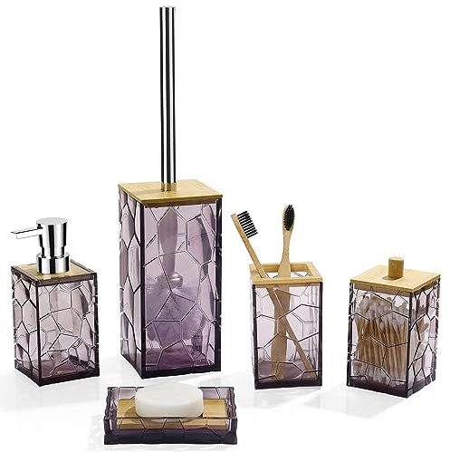 GAHEFY Lavender Purple Bathroom Accessories Set, Toothbrush Holder, Soap Dispenser, Cotton Swabs Holder, Soap Dish, Toilet Brush with Holder, Bamboo Bathroom Decor,Acrylic (Purple)