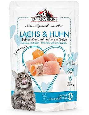 TACKENBERG Katzenfutter Lachs und Huhn, Nassfutter für Katzen - 24x85 g - Hochwertiges Katzennassfutter für eine ausgewogene Ernährung in Premiumqualität - ohne Zuckerzusatz, 24x85 g