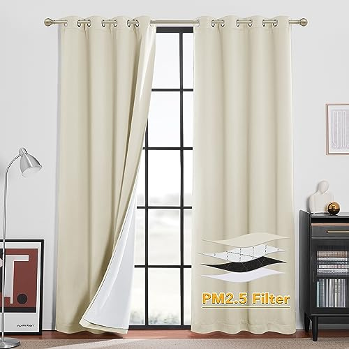 RYB HOME 4-in-1 Dust Filtering Soundproof Blackout Insulating Privacy Window Curtains for Nursery Bedroom Living Room Rivider Sound Absorption Sheet, Beige, W52 x L90 inch, 2 Panels