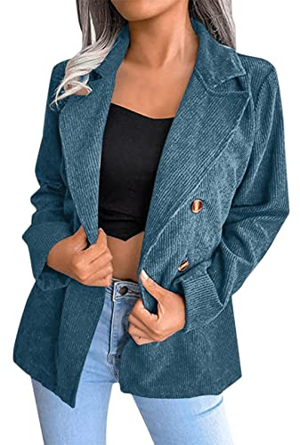 L9WEI Blazer para mujer, chaqueta de pana elegante con solapa, cárdigan frontal abierto, manga larga, chaqueta informal para otoño, ropa de exterior, azul, L