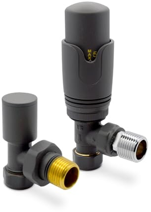 Anthracite Angled Modern Thermostatic Radiator Towel Rail Valves Central Heating (Pair) 1/2 BSP