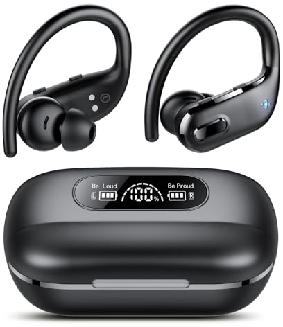 IKT Wireless Earbuds, Bluetooth 5.3 Headphones Wireless with 4 ENC Noise Canceling Mic, 80Hrs LED Display Over Ear buds with Earhooks, Deep Bass Wireless Earphones, IPX7 Waterproof for Sport(Black)