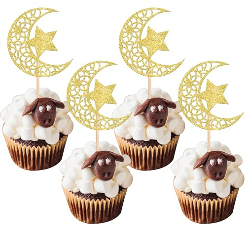 Rsstarxi 24 Pack Gold Glitter Moon and Star Cupcake Toppers Eid Mubarak Cupcake Toppers Ramadan Kareem Party Cupcake Picks for Eid Islamic Muslim Party Cake Decorations